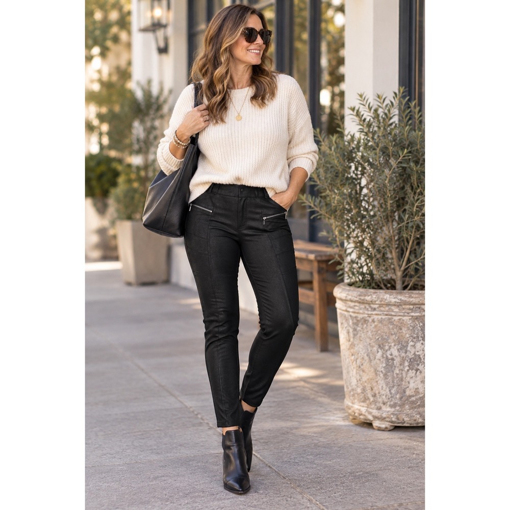 Democracy Women's 14 Black Faux Suede Moto Skinny Pants Zip Pockets Pull On